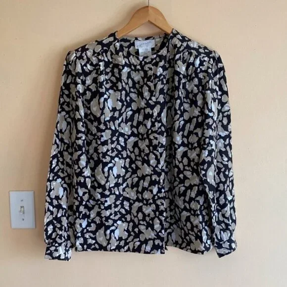 Vintage 90s Jessica Blouse Abstract Print Black White Long Sleeve Retro Chic Top - Picture 2 of 13